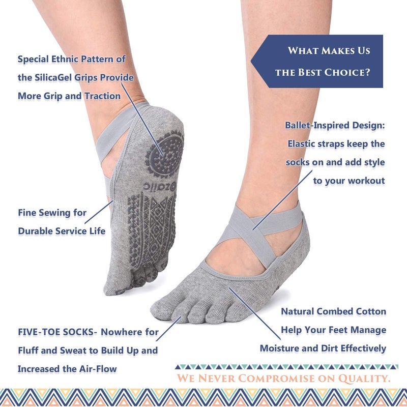 Ozaiic Yoga Socks for Women with Grips, Non-Slip Five Toe Socks for Pilates, Barre, Ballet, Fitness - Image 2